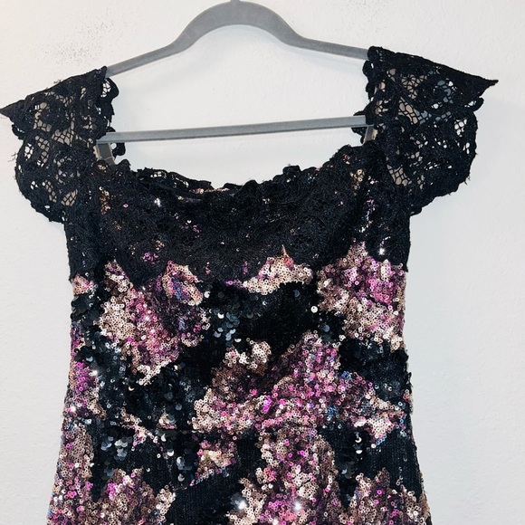 MARCHESA NOTTE dress black pink 8 floral sequin lace off the shoulder formal - Picture 8 of 16